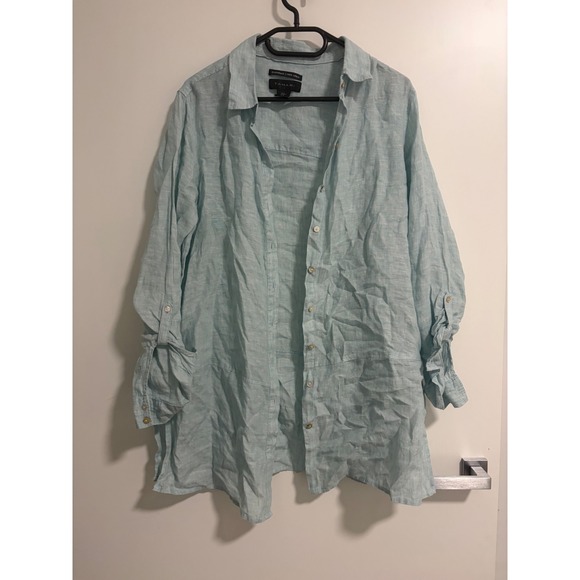 Tahari Tops - Tahari Essentials 100% Linen Button Down Shirt Aqua Blue Resortwear Womens M